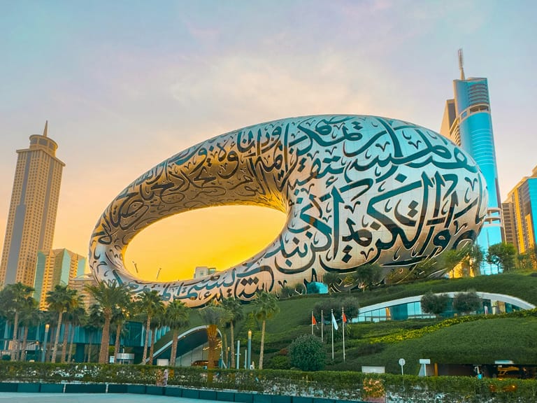 Dubai skyline with Burj Khalifa at dusk